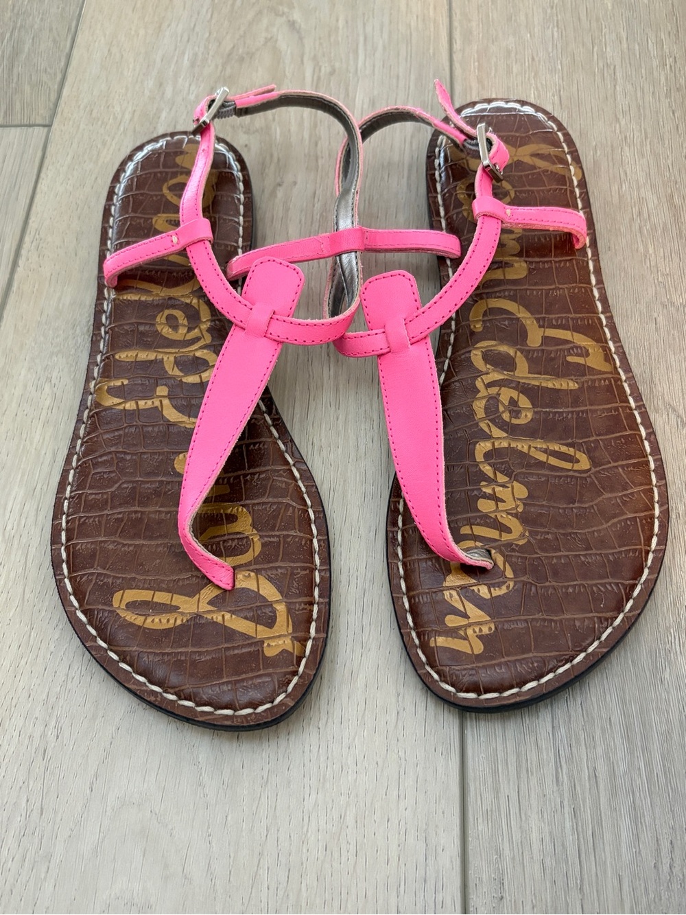 Sam Edelman Hot Pink Gigi T-Strap Leather Sandals Size 7.5